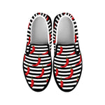 Black And White Striped Chili Print Black Slip On Shoes