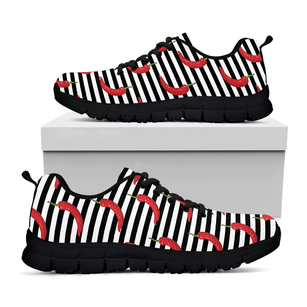 Black And White Striped Chili Print Black Sneakers