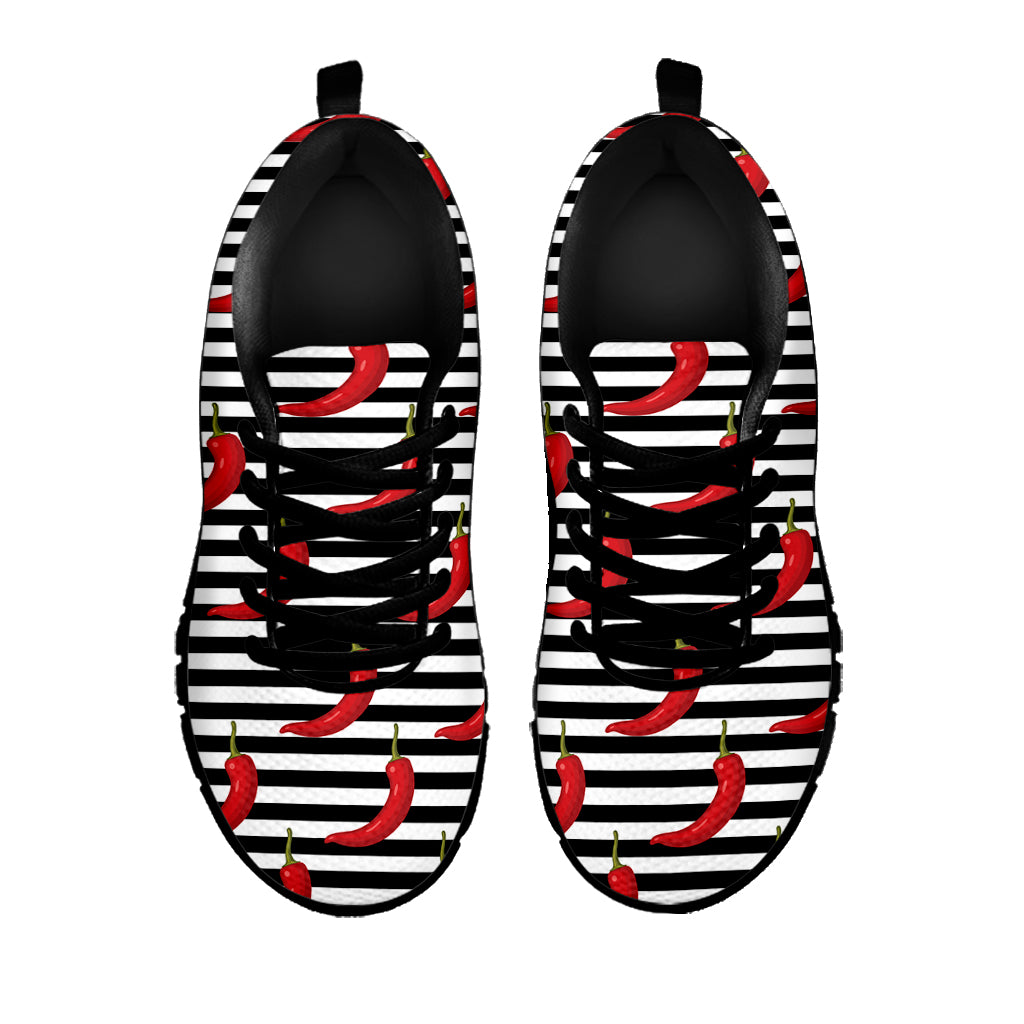 Black And White Striped Chili Print Black Sneakers