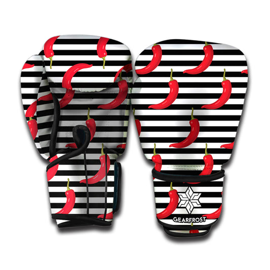 Black And White Striped Chili Print Boxing Gloves