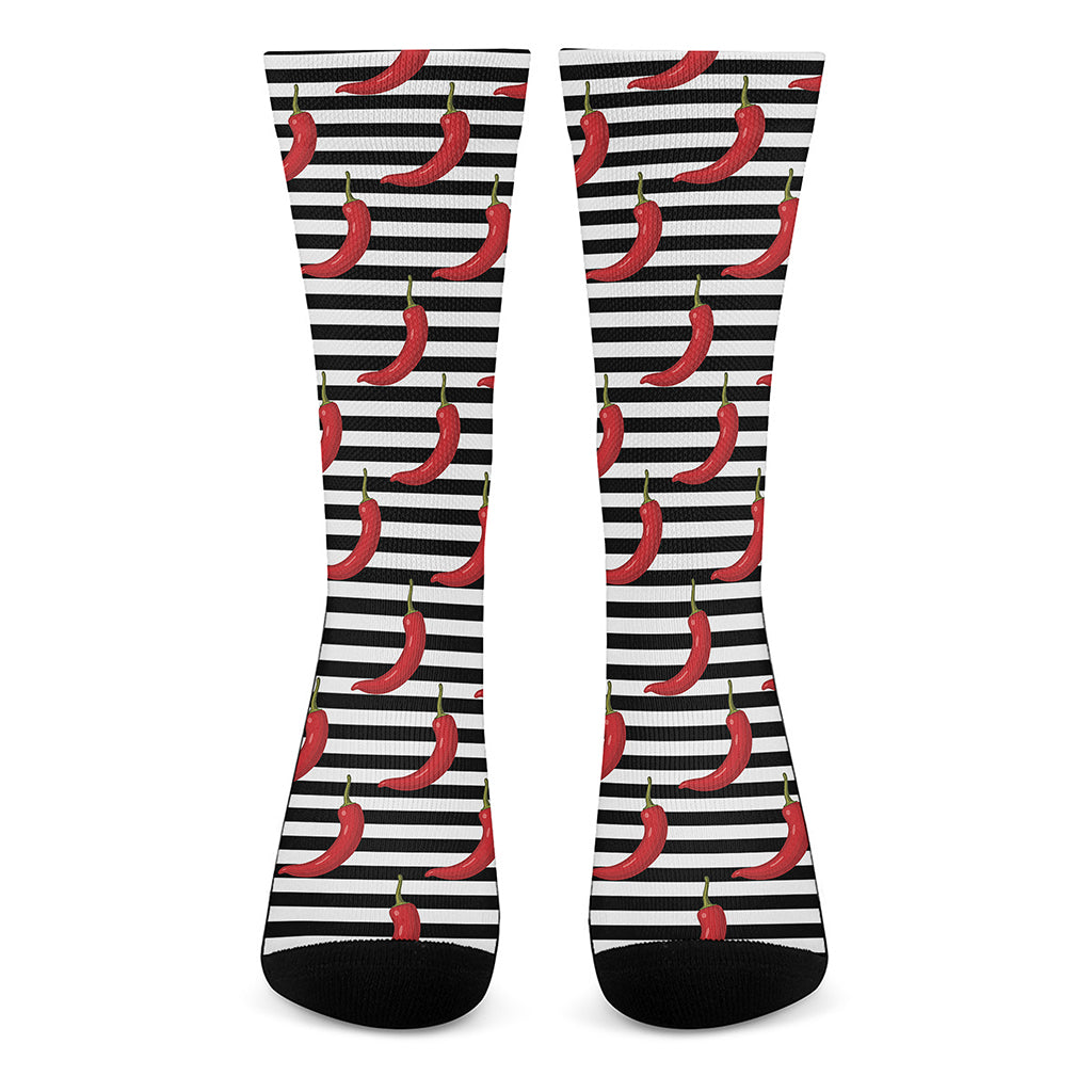 Black And White Striped Chili Print Crew Socks