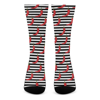 Black And White Striped Chili Print Crew Socks