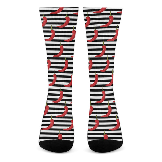 Black And White Striped Chili Print Crew Socks