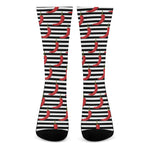 Black And White Striped Chili Print Crew Socks