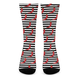 Black And White Striped Chili Print Crew Socks