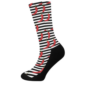 Black And White Striped Chili Print Crew Socks