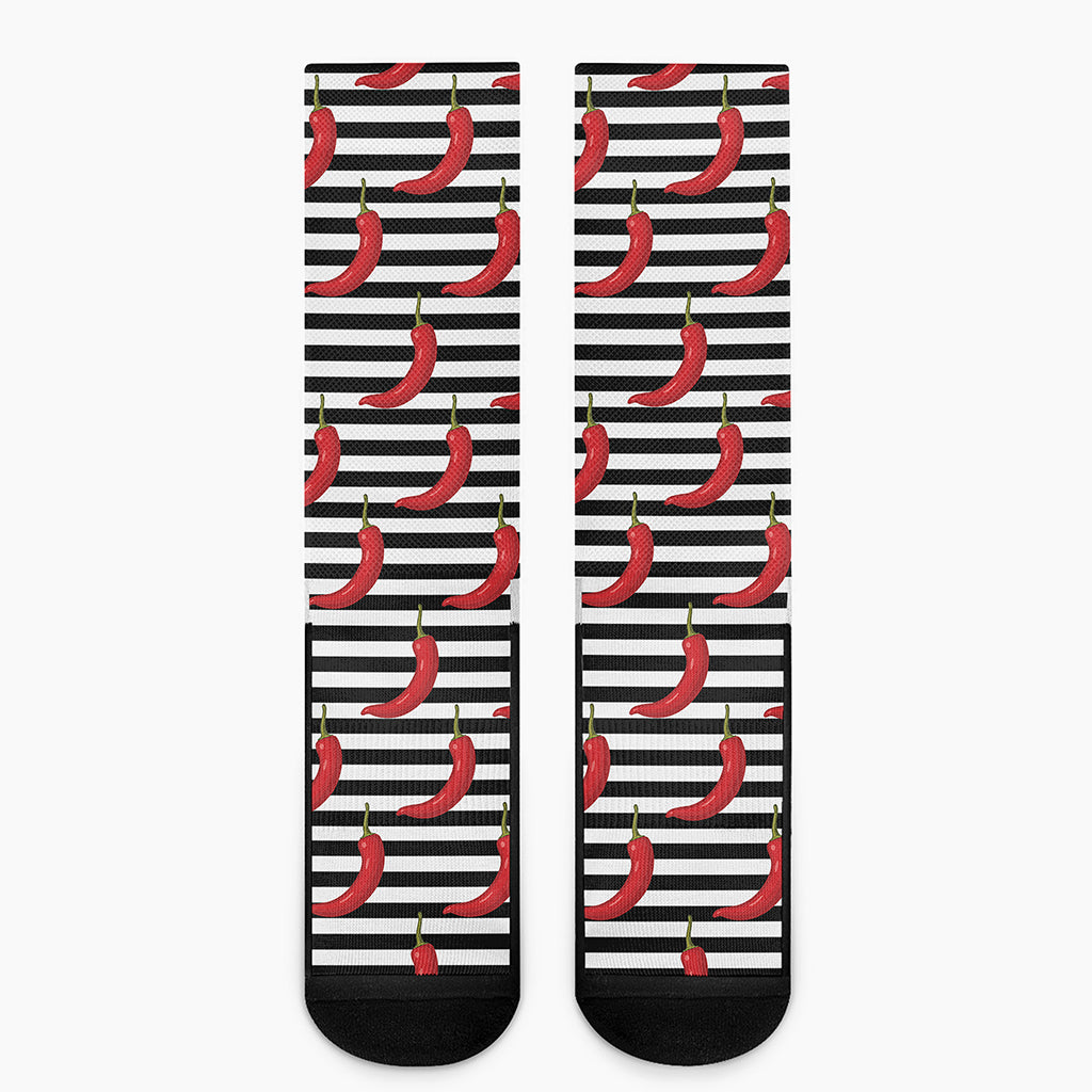 Black And White Striped Chili Print Crew Socks