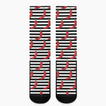 Black And White Striped Chili Print Crew Socks