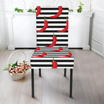 Black And White Striped Chili Print Dining Chair Slipcover