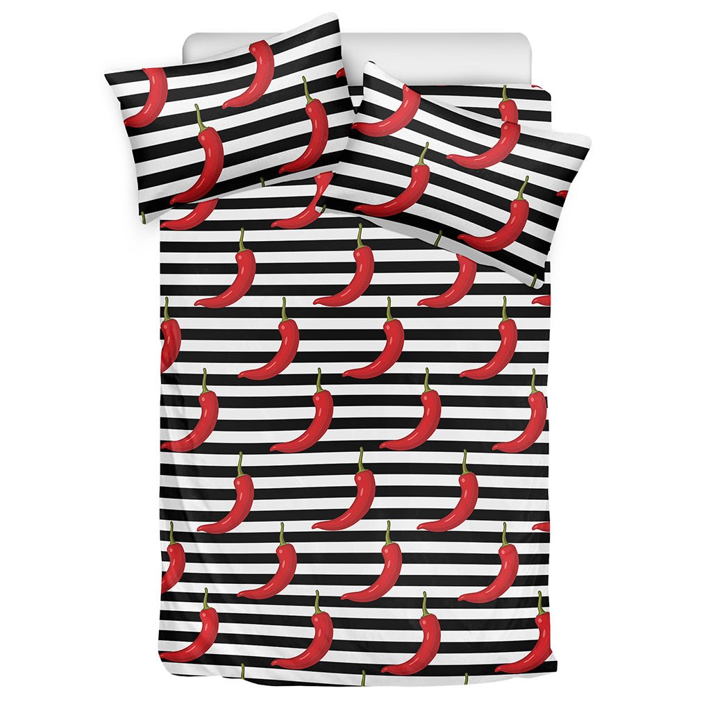 Black And White Striped Chili Print Duvet Cover Bedding Set