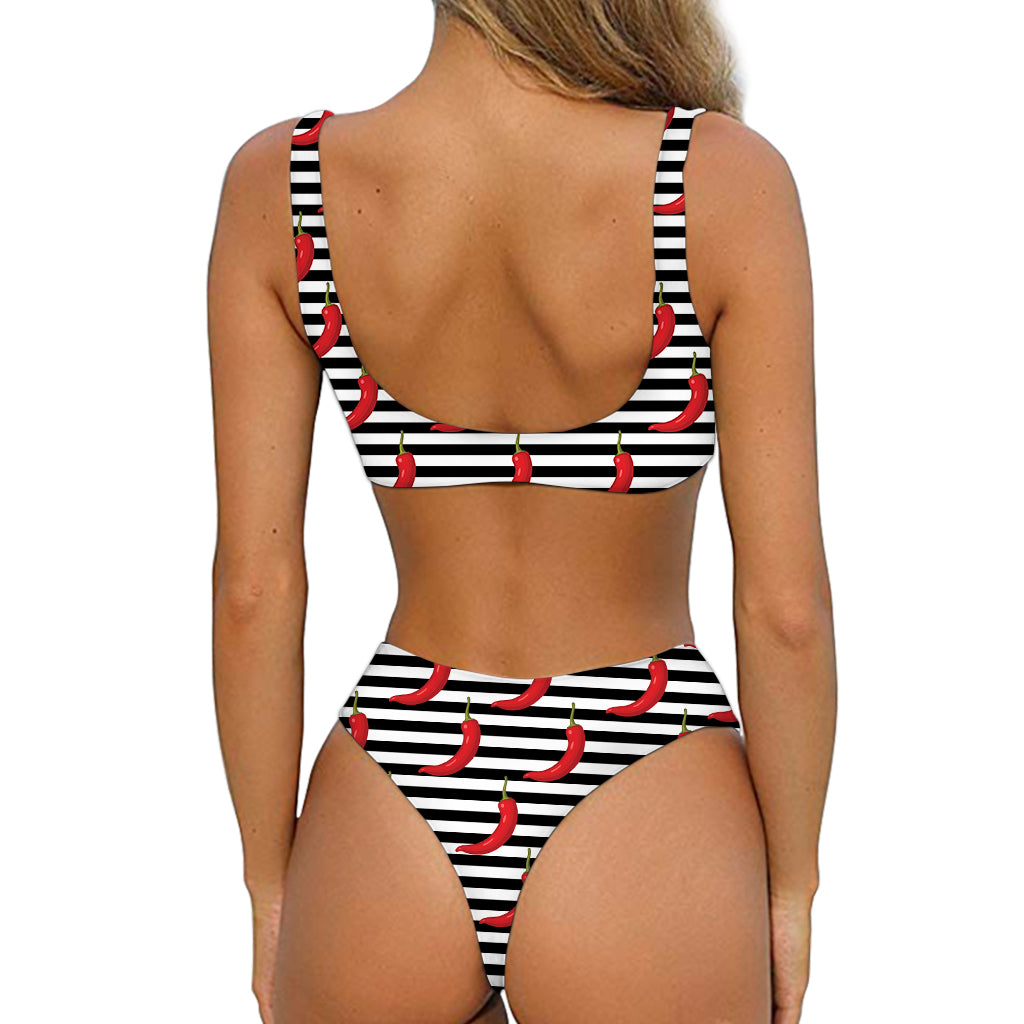Black And White Striped Chili Print Front Bow Tie Bikini