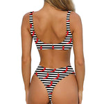 Black And White Striped Chili Print Front Bow Tie Bikini