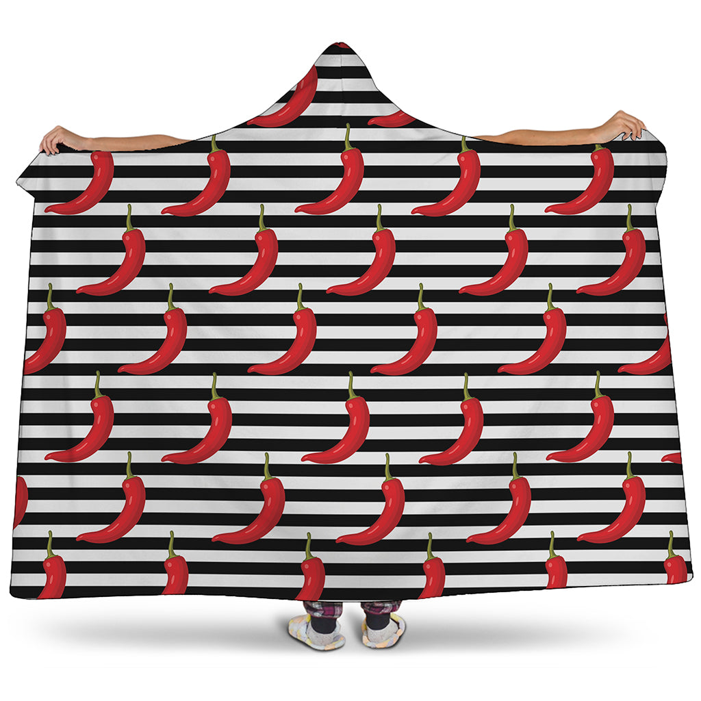 Black And White Striped Chili Print Hooded Blanket