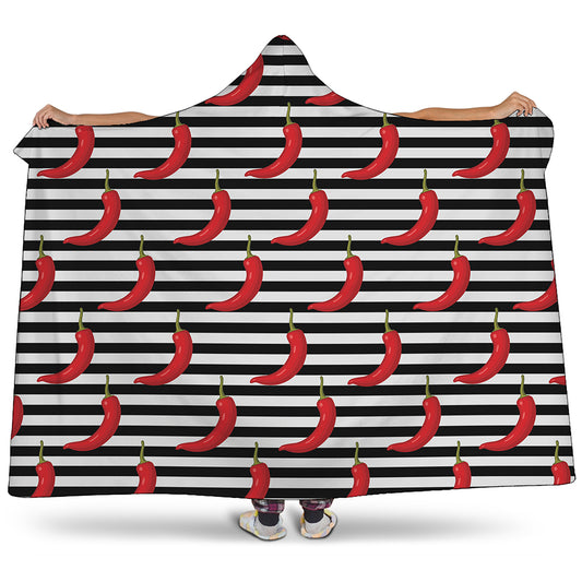 Black And White Striped Chili Print Hooded Blanket