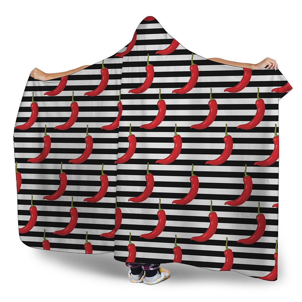 Black And White Striped Chili Print Hooded Blanket
