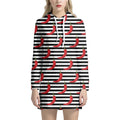 Black And White Striped Chili Print Pullover Hoodie Dress