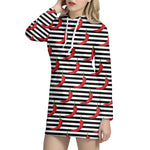 Black And White Striped Chili Print Hoodie Dress