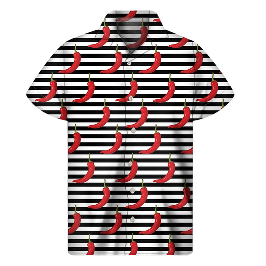 Black And White Striped Chili Print Men's Short Sleeve Shirt