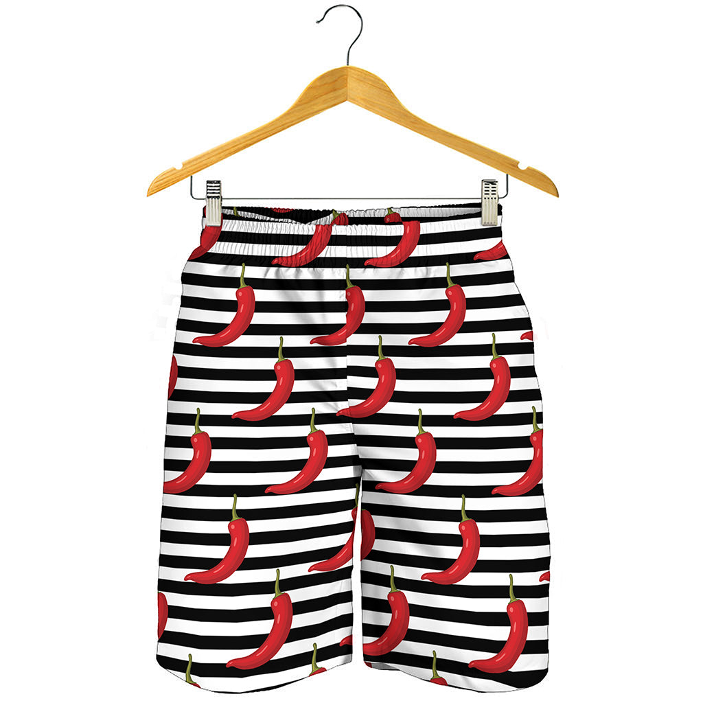 Black And White Striped Chili Print Men's Shorts