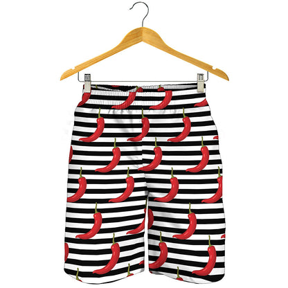 Black And White Striped Chili Print Men's Shorts