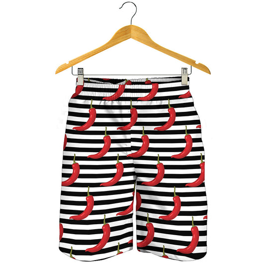 Black And White Striped Chili Print Men's Shorts
