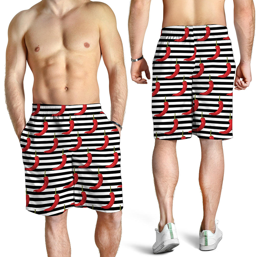 Black And White Striped Chili Print Men's Shorts