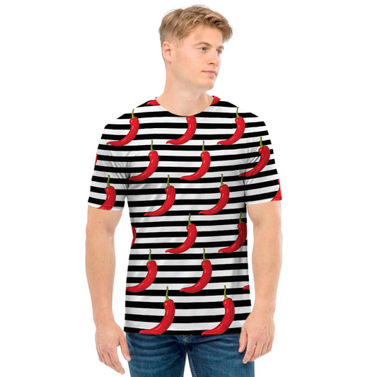 Black And White Striped Chili Print Men's T-Shirt