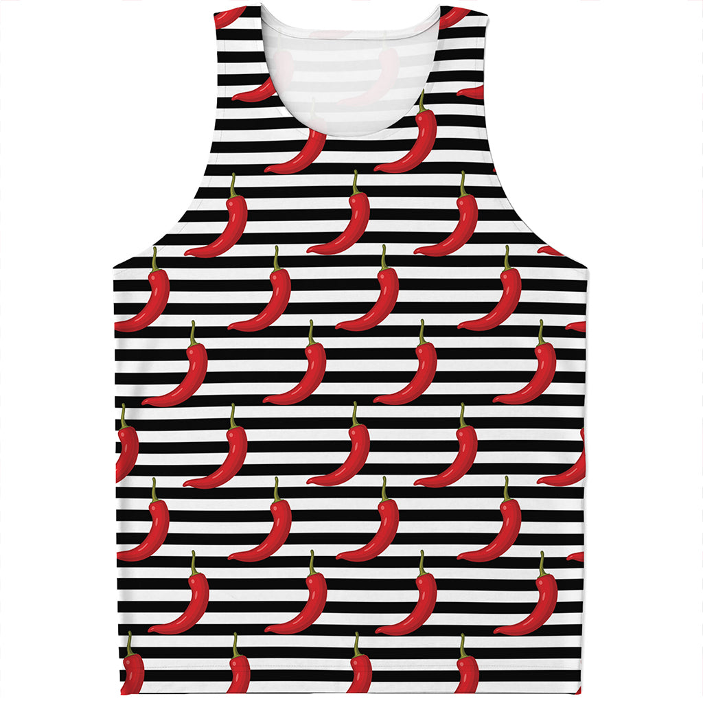 Black And White Striped Chili Print Men's Tank Top