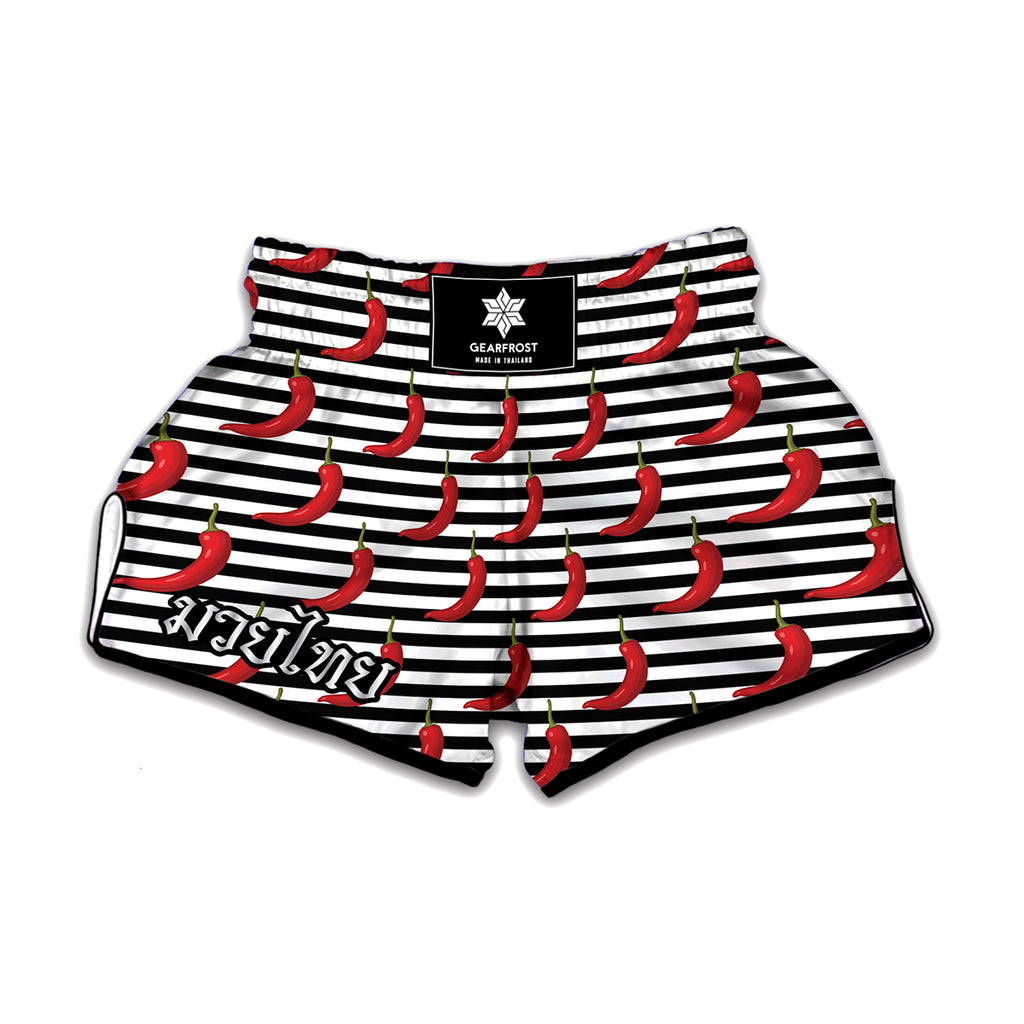 Black And White Striped Chili Print Muay Thai Boxing Shorts