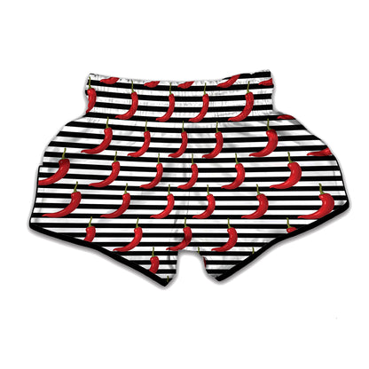 Black And White Striped Chili Print Muay Thai Boxing Shorts