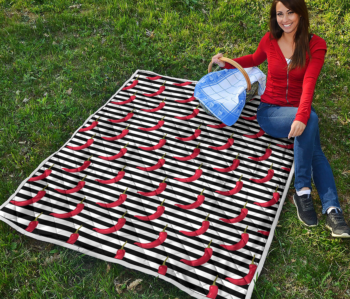 Black And White Striped Chili Print Quilt