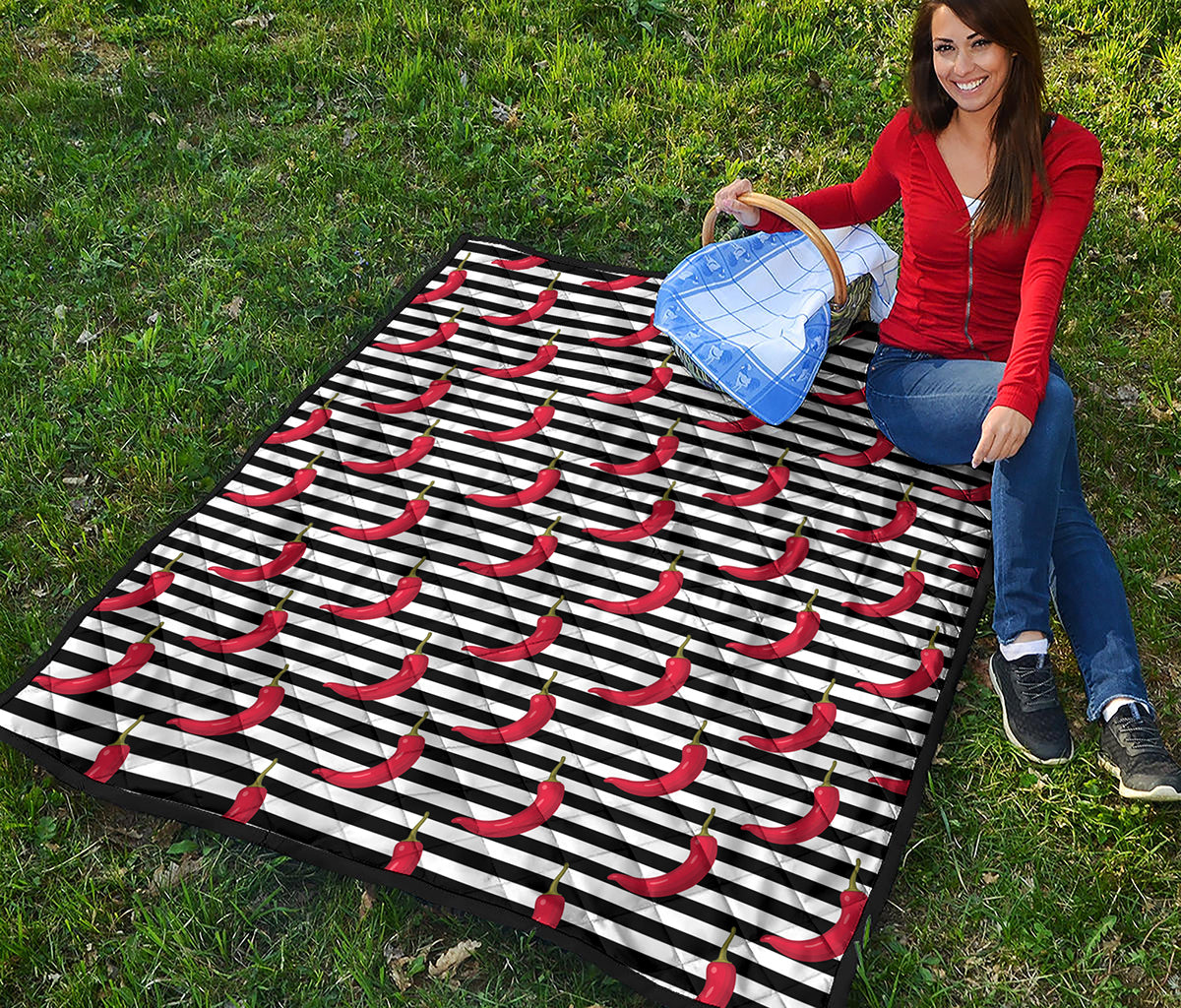 Black And White Striped Chili Print Quilt