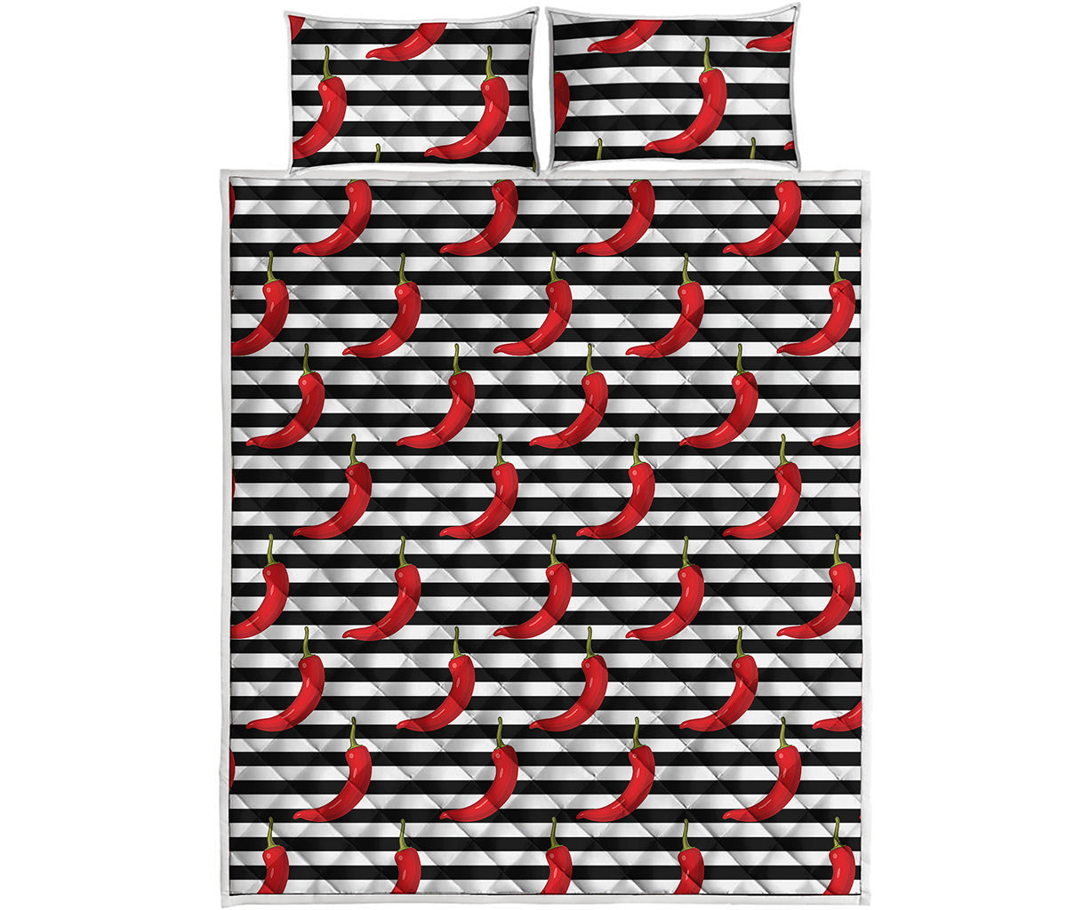 Black And White Striped Chili Print Quilt Bed Set