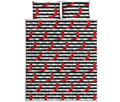 Black And White Striped Chili Print Quilt Bed Set