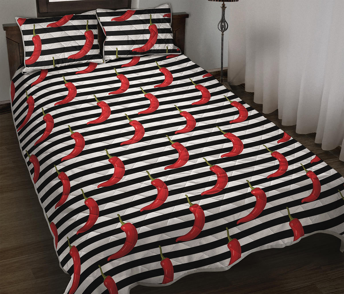 Black And White Striped Chili Print Quilt Bed Set