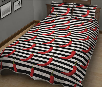 Black And White Striped Chili Print Quilt Bed Set