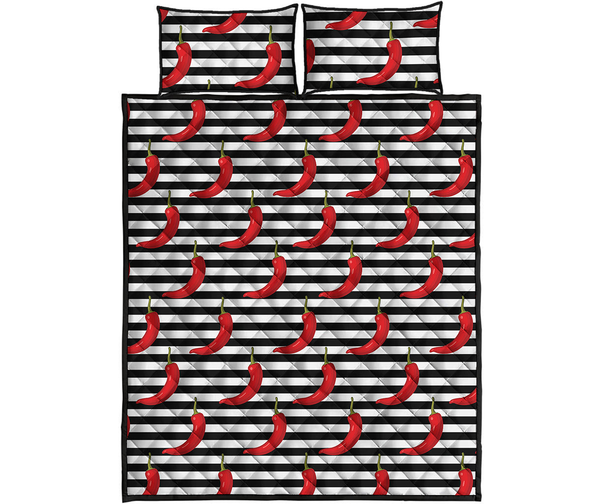 Black And White Striped Chili Print Quilt Bed Set