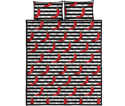 Black And White Striped Chili Print Quilt Bed Set