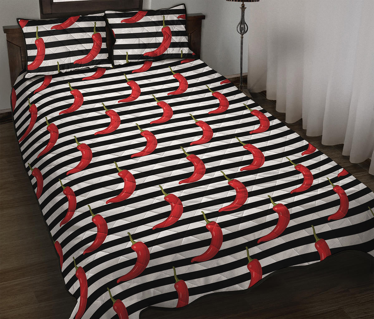Black And White Striped Chili Print Quilt Bed Set