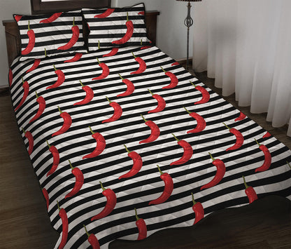 Black And White Striped Chili Print Quilt Bed Set