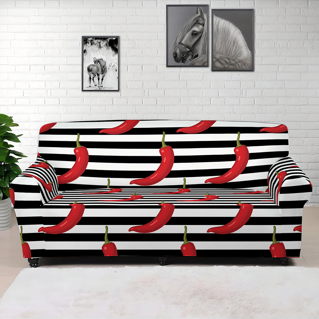 Black And White Striped Chili Print Sofa Cover
