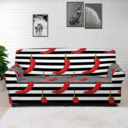 Black And White Striped Chili Print Sofa Cover