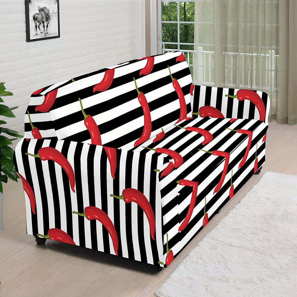 Black And White Striped Chili Print Sofa Cover