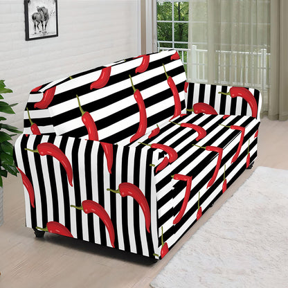 Black And White Striped Chili Print Sofa Cover