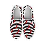 Black And White Striped Chili Print White Slip On Shoes