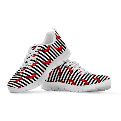 Black And White Striped Chili Print White Sneakers