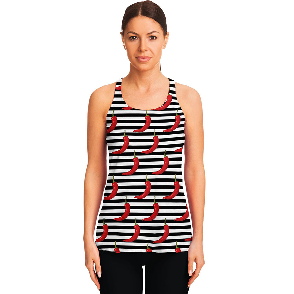 Black And White Striped Chili Print Women's Racerback Tank Top
