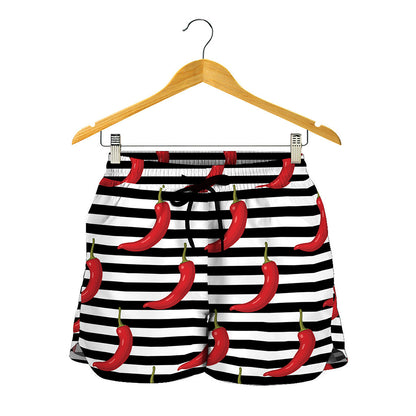 Black And White Striped Chili Print Women's Shorts