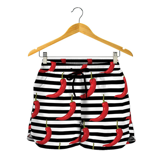 Black And White Striped Chili Print Women's Shorts