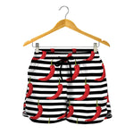 Black And White Striped Chili Print Women's Shorts